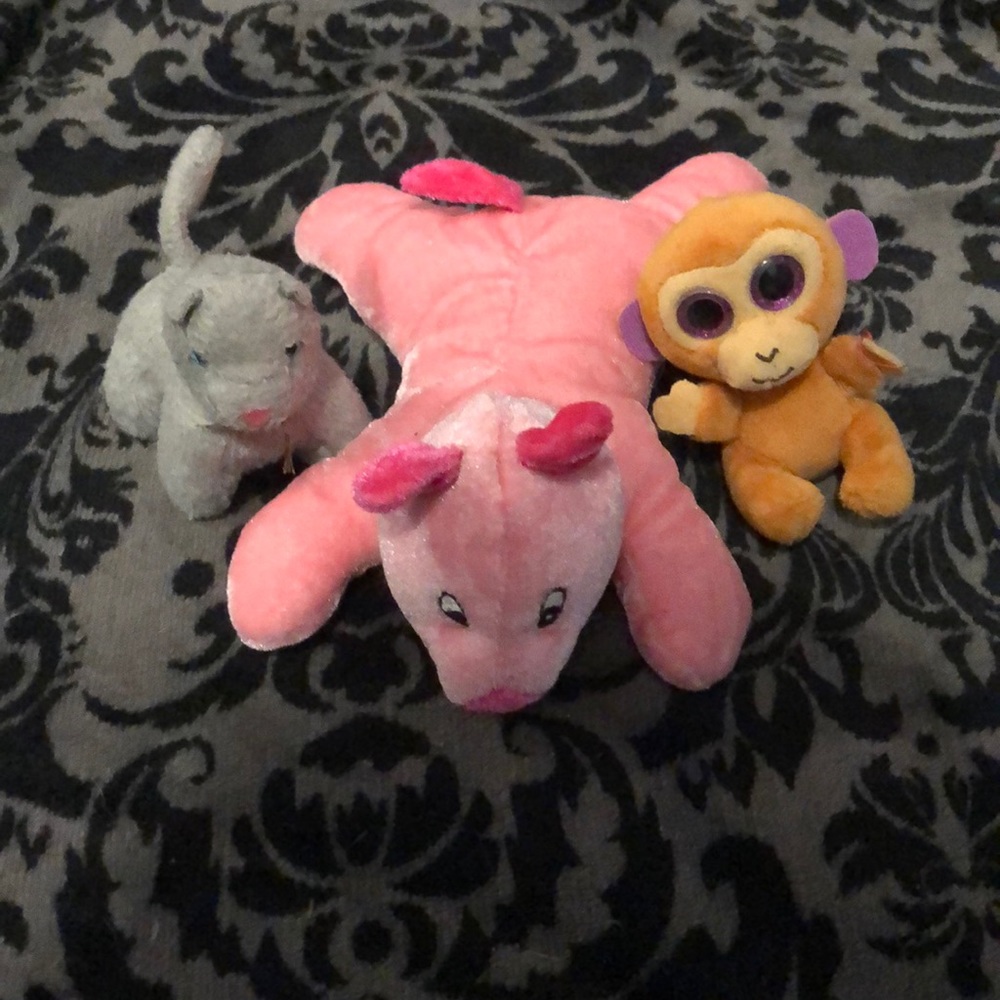 beanie baby monkey, cat, and pig stuffed animal
